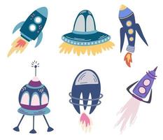 Weltraumraketen eingestellt. Rakete, Satellit, UFO. Cartoon-Rakete für modische Kinderbekleidung oder Textilien. vektorhandabgehobener betragillustration lokalisiert auf dem weißen hintergrund. vektor