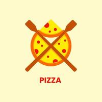 Pizza- und Pfannenwender-Logo-Konzept. Flaches, einfaches, modernes und sauberes Logo. gelb, orange und braun. geeignet für logo, symbol, symbol und zeichen. wie Lebensmittel- oder Restaurantlogo vektor