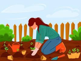 Mädchen im Garten und Pflanzen von jungen Gemüsesprossen. saisonale Arbeit im Frühlingsgarten mit Ausrüstung und Werkzeugen, um Pflanzen und Pflanzen zu züchten