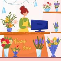 kassans skrivbord i blomsteraffär. vektor illustration. växtbutik med krukväxter och bukettkompositioner