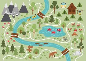 Campingkarte. hintergrund des sommerlagers. Vektornatur-ClipArt oder Infografik-Elemente mit Bergen, Bäumen, Wald, Elchen, Fluss, Fahrrad, Seilbahn. Wander-, Trekking- oder Lagerfeuerplan. vektor