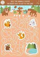 Sommercamp-Labyrinth für Kinder. aktive ferien vorschule druckbare aktivität. Familiennaturausflug Labyrinthspiel oder Puzzle mit niedlichen Wandertieren, die zum See und Wald gehen vektor