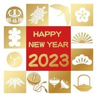 das jahr 2023 neujahr vektor grußsymbol mit japanischen vintage glücksbringern. Textübersetzung - Vermögen. Volles Haus.