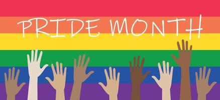 happy pride-månad, hbt. multiracial händer på en bakgrund med en regnbågsflagga. vektor illustration.