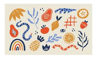 organische Blobs, tropische Früchte und Blätter im Matisse-Stil. Reihe von trendigen Doodle-abstrakten Elementen. Bündel mit natürlichen Formen, zufällige Freihand-Matisse-Sammlung. Vektor-Illustration vektor