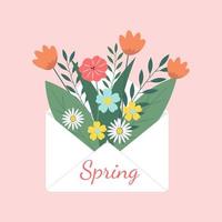 bukett vårblommor inuti kuvertet. vektor gratulationskort. hej spring.vector illustration