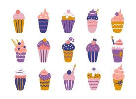 buntes set aus muffins, cupcakes und sahnekuchen für geburtstag oder party. vektorelemente für urlaub im flachen handgezeichneten stil vektor