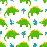 söt dinosaurie stegosaurus med palmer och monster, vektor sömlöst mönster på vit bakgrund, barntryck för kläder, vykort