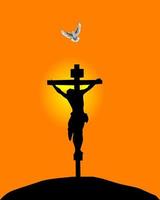 Kreuzigung Jesu Christi gegen den orangefarbenen Himmel und eine fliegende Taube vektor