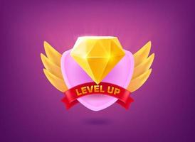 level-up-konzept. 3d-vektorillustration des bewertungsabzeichens mit goldenem schild, band und gelbem edelstein vektor