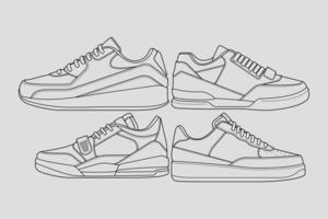 Satz coole Turnschuhe des Umrisses. Schuhe Sneaker Umrisszeichnungsvektor, Turnschuhe in einem Skizzenstil gezeichnet, Sneaker-Trainer-Vorlagen-Umriss, Set-Kollektion. Vektor-Illustration. vektor