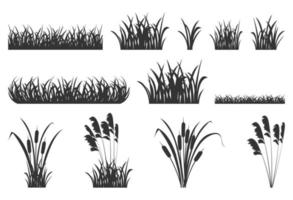 siluett av gräs med vass. uppsättning vektor illustrationer av svarta skuggor av träsk vegetation för design