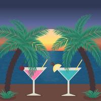 sonnenuntergangsstrand mit meer, palmen und gläsern cocktails. tropische Strandparty-Vektorillustration. urlaubs- und entspannungskonzept. vektor