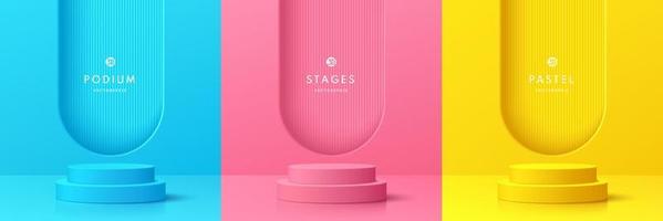 uppsättning rosa, gula och blå realistiska 3d cylinder piedestal podium i pastell abstrakt rum. vektor geometriska former design. minimal väggscen för mockupprodukter, scen för showcase, marknadsföringsdisplay