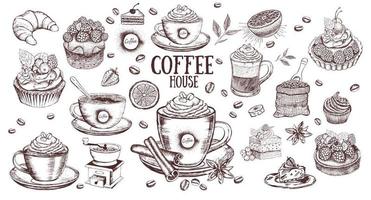 Tasse Kaffee und Kaffeebohnen. handgezeichneter Vektorhintergrund im Vintage-Stil. vektor