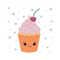 Cupcake-Illustration. süßer Cupcake mit einer Kirsche. Kuchen kawaii. vektor