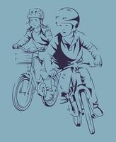 Junge und Mädchen, die nahe beieinander Fahrrad fahren. Vektor Strichzeichnungen