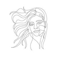 durchgehende Linie, eine Linie, Zeichnung von Gesicht und Frisur, Modekonzept, minimalistische Schönheit der Frau, Vektor-Stockillustration für T-Shirt, Slogan-Design-Print-Grafikstil