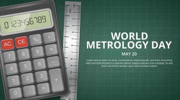 världens metrologidag bakgrund med realistisk miniräknare och linjal på en skärmatta vektor