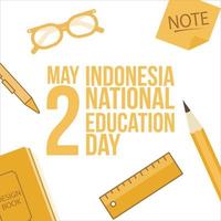 kreativ illustration för indonesiska nationella utbildningsdag med gul texteffekt i en vit bakgrund, maj 2 speciell vektordesign med penna, glas, linjal, bok och penna med gul färgnyans. vektor