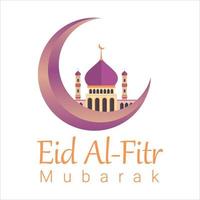 eid al-fitr mubarak med gyllene texteffekt, helig festival för muslim, muslimsk moské, flerfärgad nyans, lila, vektorillustration av moskén, eid mubarak wish. vektor