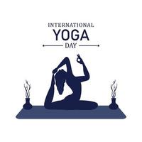 vacker yogadag vektorillustration, mörkblå, yogaposition, special för internationell yogadag, kvinna som gör yoga, 21 juni, blomstervas, blomma. vektor