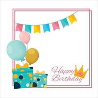grattis på födelsedagen rosa ram, lycka, grattis på födelsedagen texteffekt, födelsedag vektorillustration på vit bakgrund, festram, födelsedagspresenter, festelement, ballonger, kungkrona, födelsedagsbanner. vektor