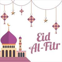 schöne eid al-fitr mubarak mit lila texteffekt, heiliges fest der muslime, muslimische moschee, mehrfarbiger schatten, lila, vektorillustration der moschee, eid mubarak wunsch, drachen. vektor