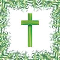Palmsonntagskreuz und vorderer weißer Hintergrund, grüne Palmblätter Vektorsymbol. vektorillustration für den christlichen feiertag. Palmsonntag handschriftliche Phrase. Kalligrafie-Zitat auf weißem Hintergrund