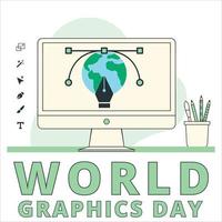 kreativ design för World graphics day text med grön nyans för ett kort eller affisch, vacker penna och datorvektor, standardillustration på en speciell dag för grafik med grön färgtexteffekt. vektor