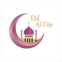 vacker eid al-fitr mubarak med gyllene texteffekt, helig festival för muslim, muslimsk moské, flerfärgad nyans, lila, vektorillustration av moskén, eid mubarak wish, lila måne. vektor