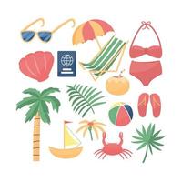 sammlung süßer sommerelemente. Palme, Sonnenschirm, Brille, tropische Blätter, Krabbe, Kokosnuss. design für poster, karten, scrapbooking, tag, einladung, aufkleber-kit. vektor