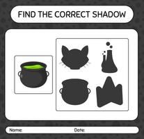 Finden Sie das richtige Schattenspiel mit Cauldron. arbeitsblatt für vorschulkinder, kinderaktivitätsblatt vektor