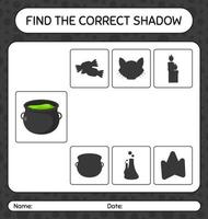 Finden Sie das richtige Schattenspiel mit Cauldron. arbeitsblatt für vorschulkinder, kinderaktivitätsblatt vektor