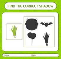 Finden Sie das richtige Schattenspiel mit der Hand des Zombies. arbeitsblatt für vorschulkinder, kinderaktivitätsblatt vektor