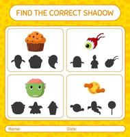 Finden Sie das richtige Schattenspiel mit dem Halloween-Symbol. arbeitsblatt für vorschulkinder, kinderaktivitätsblatt vektor