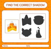 Finden Sie das richtige Schattenspiel mit Zuckermais. arbeitsblatt für vorschulkinder, kinderaktivitätsblatt vektor