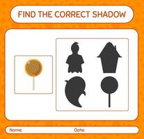Finden Sie das richtige Schattenspiel mit Lollipop. arbeitsblatt für vorschulkinder, kinderaktivitätsblatt vektor