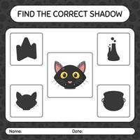 Finde das richtige Schattenspiel mit schwarzer Katze. arbeitsblatt für vorschulkinder, kinderaktivitätsblatt vektor