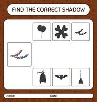 Finden Sie das richtige Schattenspiel mit Fledermaus. arbeitsblatt für vorschulkinder, kinderaktivitätsblatt vektor