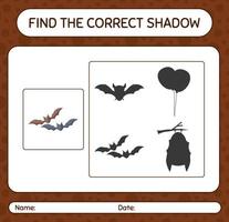 Finden Sie das richtige Schattenspiel mit Fledermaus. arbeitsblatt für vorschulkinder, kinderaktivitätsblatt vektor