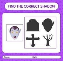 Finden Sie das richtige Schattenspiel mit Vampir. arbeitsblatt für vorschulkinder, kinderaktivitätsblatt vektor