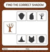 Finden Sie das richtige Schattenspiel mit Baum. arbeitsblatt für vorschulkinder, kinderaktivitätsblatt vektor