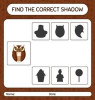 Finde das richtige Schattenspiel mit Eule. arbeitsblatt für vorschulkinder, kinderaktivitätsblatt vektor