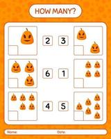 Wie viele Zählspiel mit Jack o' Lantern. arbeitsblatt für vorschulkinder, kinderaktivitätsblatt vektor