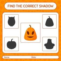 Finden Sie das richtige Schattenspiel mit Jack o' Lantern. arbeitsblatt für vorschulkinder, kinderaktivitätsblatt vektor