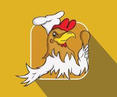 Cartoon-Huhn-Charakter-Logo oder Maskottchen, Cartoon-Chef-Huhn mit einem gebratenen Hähnchenschenkel, Illustration, Logo und Vektor