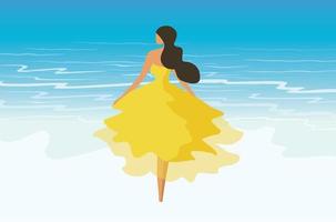 vacker kvinna i gul klänning står på stranden sommar bakgrund vektor