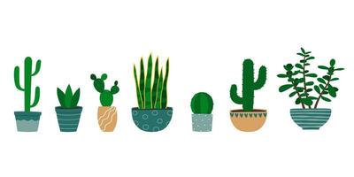 uppsättning av olika kaktusar och suckulenta växter i blomkruka. tecknade färgglada krukväxter. vektor