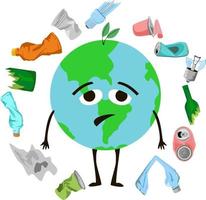 sorg tecknad jordglob karaktär och skräp runt. stoppa föroreningar världen. global uppvärmning koncept. affisch om ekologiska problem med plastföroreningar. vektor